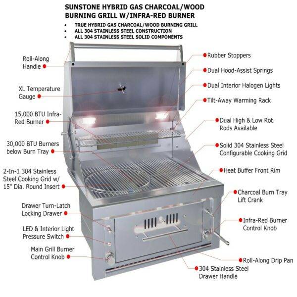 Sunstone Series 30” Gas Burners Hybrid Single Zone Charcoal/Wood Burning w/Infra-Red Burner Grill – SUNCHZ30