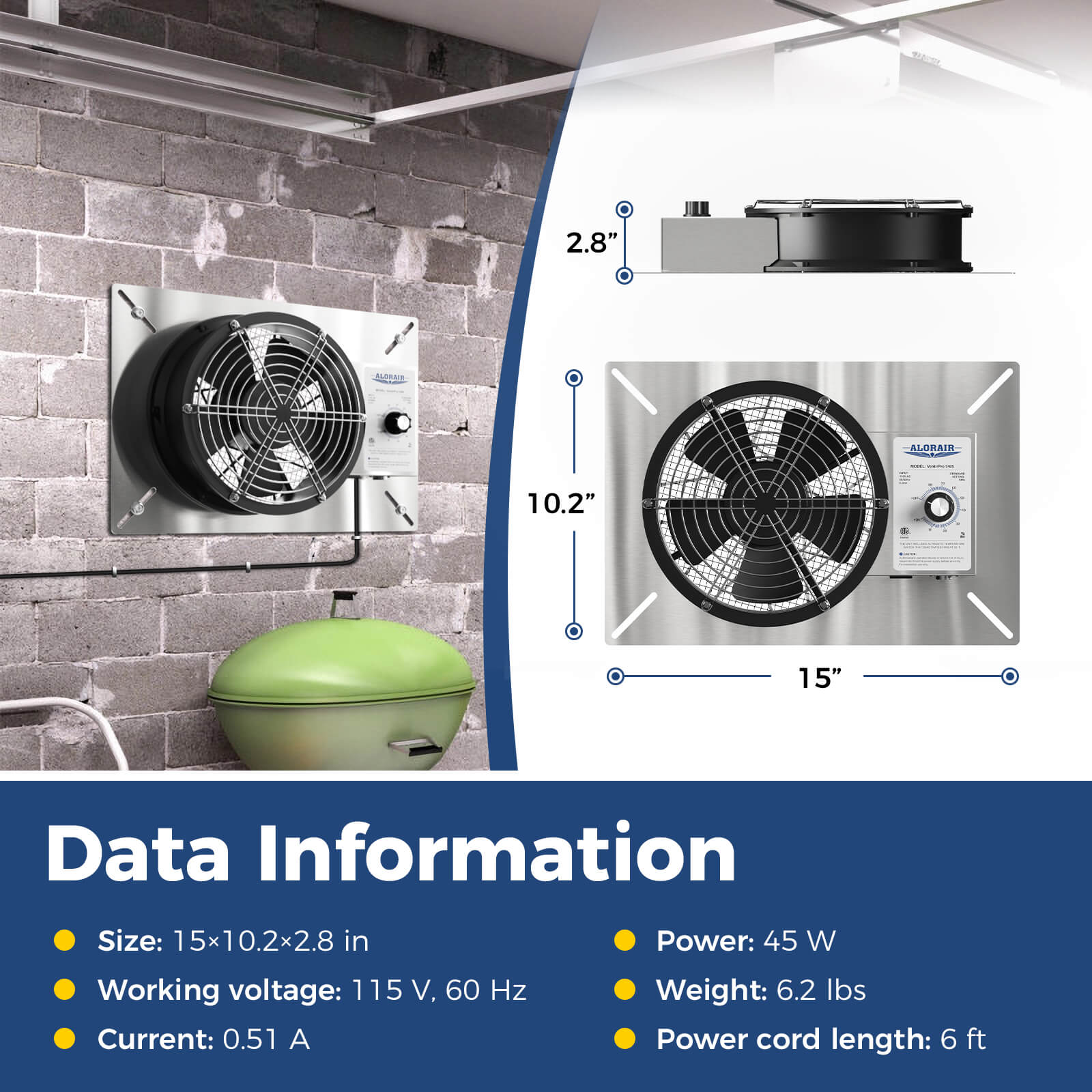 AlorAir 540 CFM Ventilation Fan Humidistat Dehumidistat VentirPro 540S