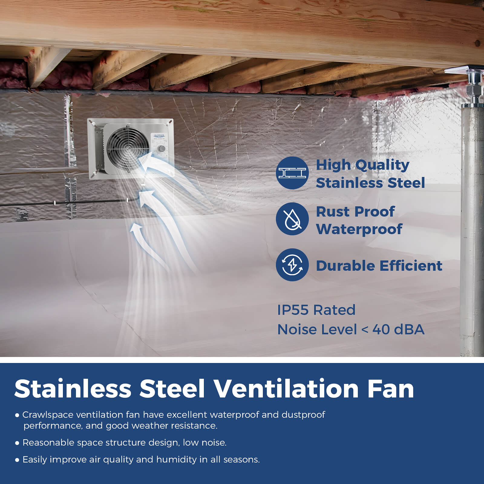 AlorAir 300CFM Stainless Steel Crawl Space Fan IP55 Rated Attic VentirMax 300S