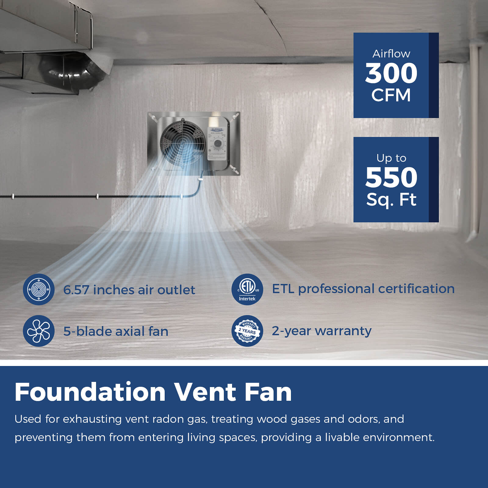 AlorAir 300CFM Stainless Steel Crawl Space Fan IP55 Rated Attic VentirMax 300S