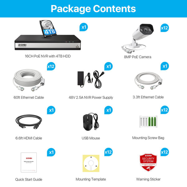 Zosi C182 4K 12 Camera 16CH POE NVR Security System + 4TB Hard Drive