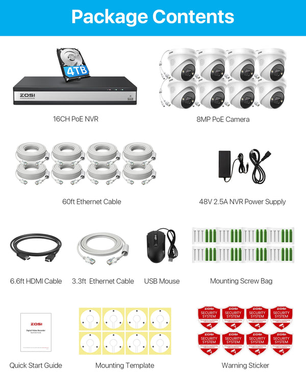 Zosi C225 4K 16 Channel 8-Cam PoE NVR System + 4TB Hard Drive