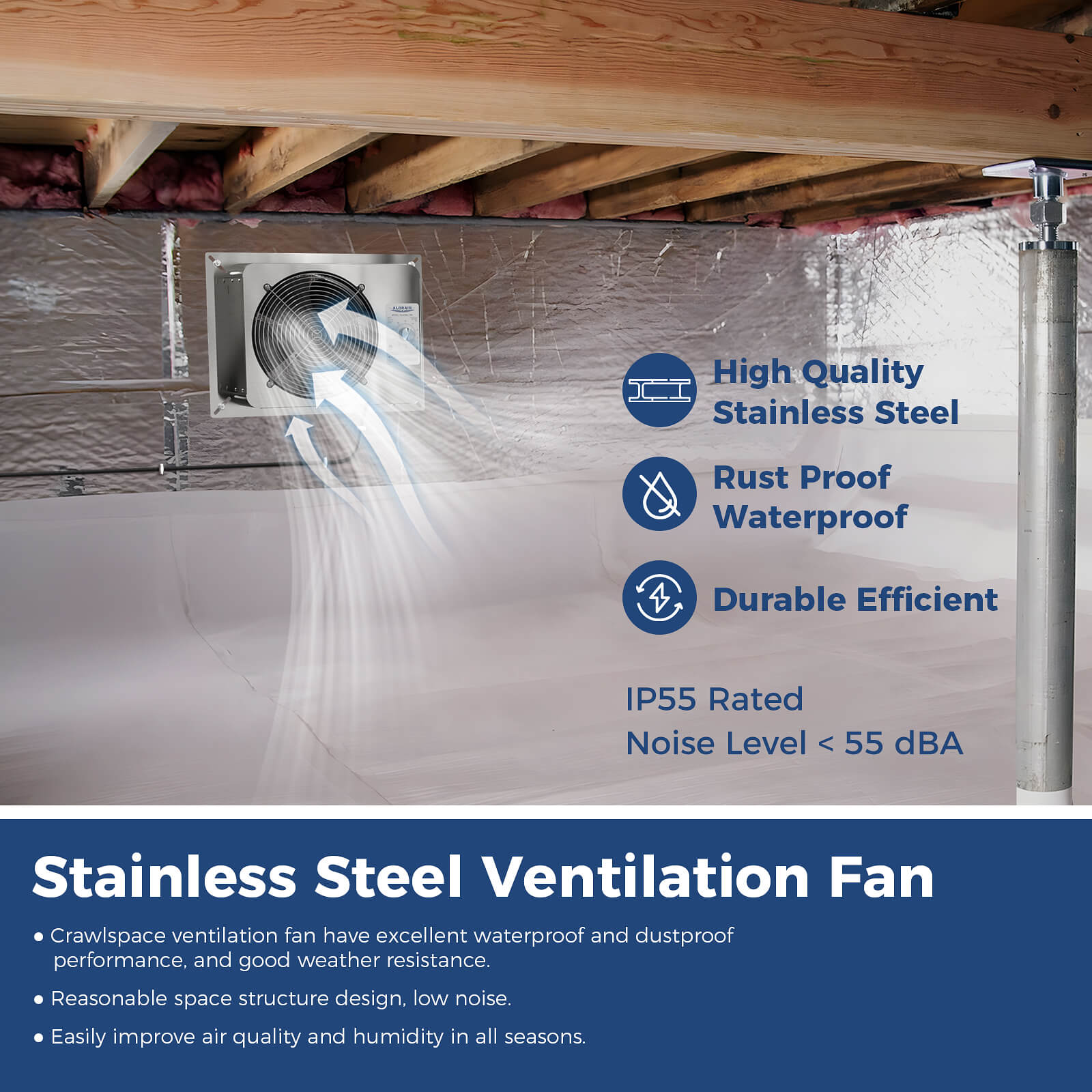 AlorAir 780CFM Stainless Steel Crawl Space Fan IP55 Rated VentirMax 780S