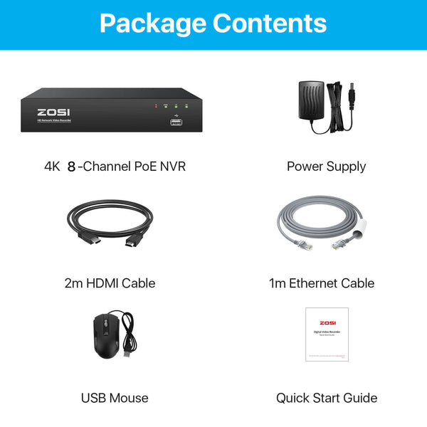 Zosi 4K 8 Channel Network Video Recorder NVR + 2TB Hard Drive