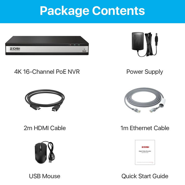 Zosi 4K 16 Channel Network Video Recorder NVR + 4TB Hard Drive