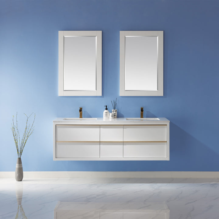 Altair Morgan 60" Double Bathroom Vanity Set in White and Composite Aosta White Stone Countertop