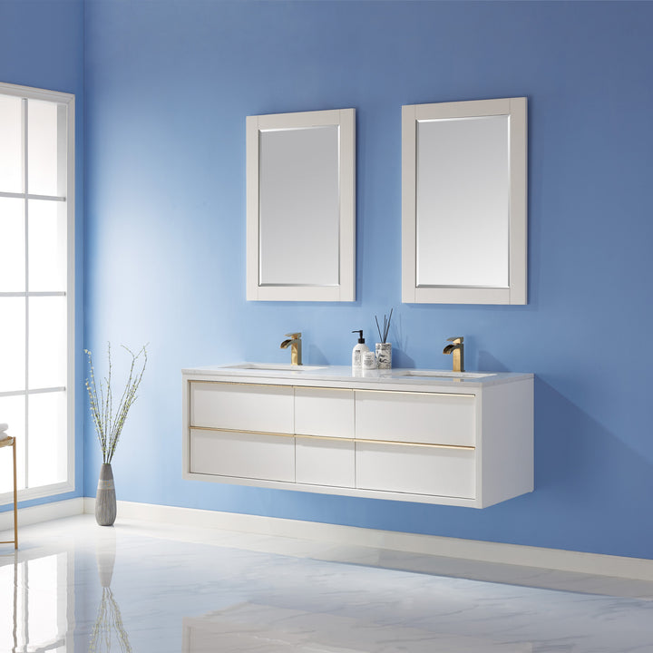 Altair Morgan 60" Double Bathroom Vanity Set in White and Composite Aosta White Stone Countertop