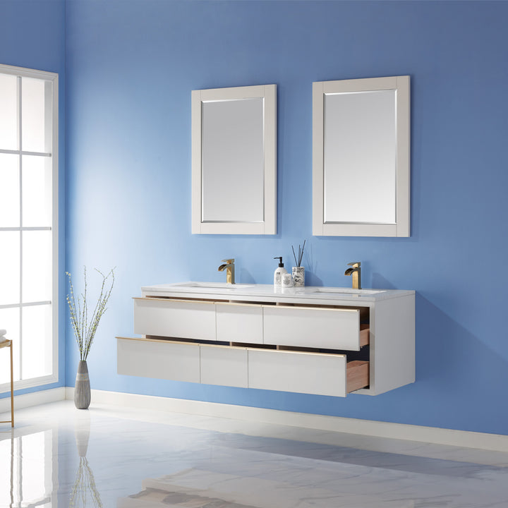 Altair Morgan 60" Double Bathroom Vanity Set in White and Composite Aosta White Stone Countertop