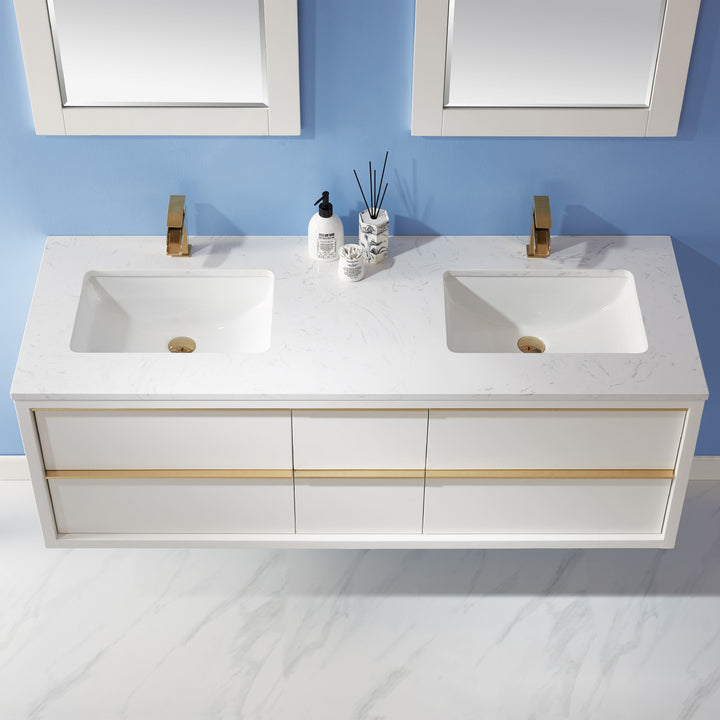 Altair Morgan 60" Double Bathroom Vanity Set in White and Composite Aosta White Stone Countertop