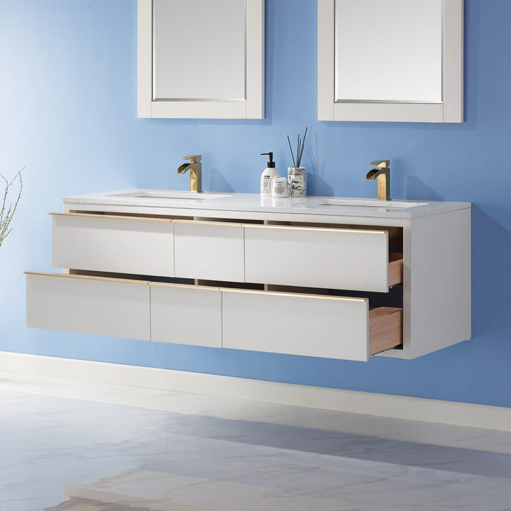 Altair Morgan 60" Double Bathroom Vanity Set in White and Composite Aosta White Stone Countertop