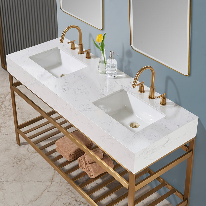 Altair Merano 60" Double Stainless Steel Vanity Console with Aosta White Stone Countertop