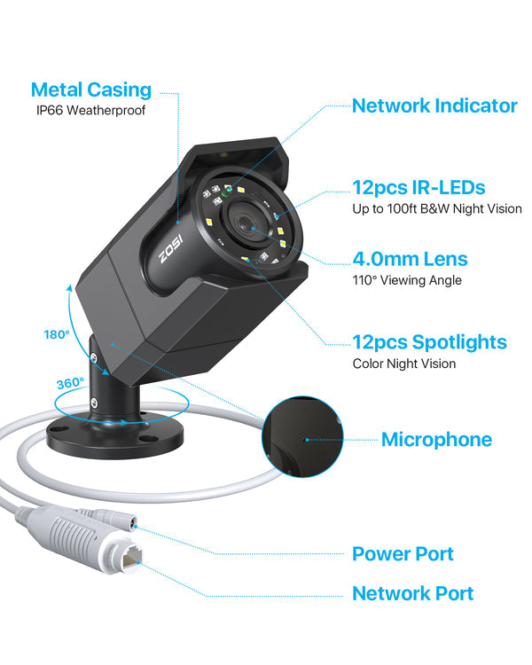 Zosi C105 4K Add-on PoE Camera + 60ft Ethernet Cable