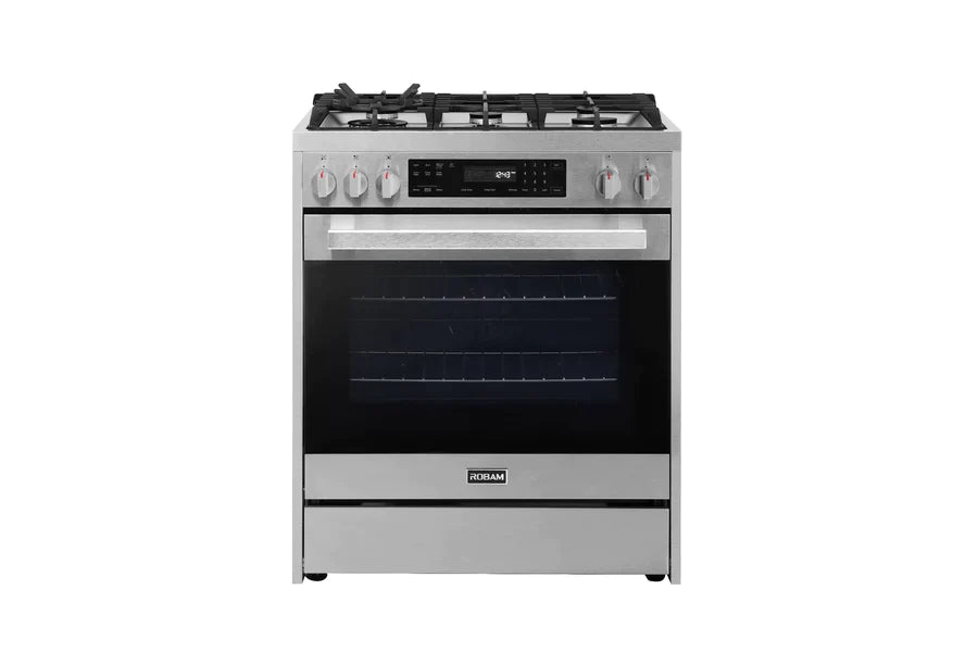 ROBAM 3-Piece Appliance Package - 30-Inch 5 Cu. Ft. Oven Freestanding Gas Range, Under Cabinet/Wall Mounted Range Hood and Dishwasher in Stainless Steel AP3-7GG10-A671