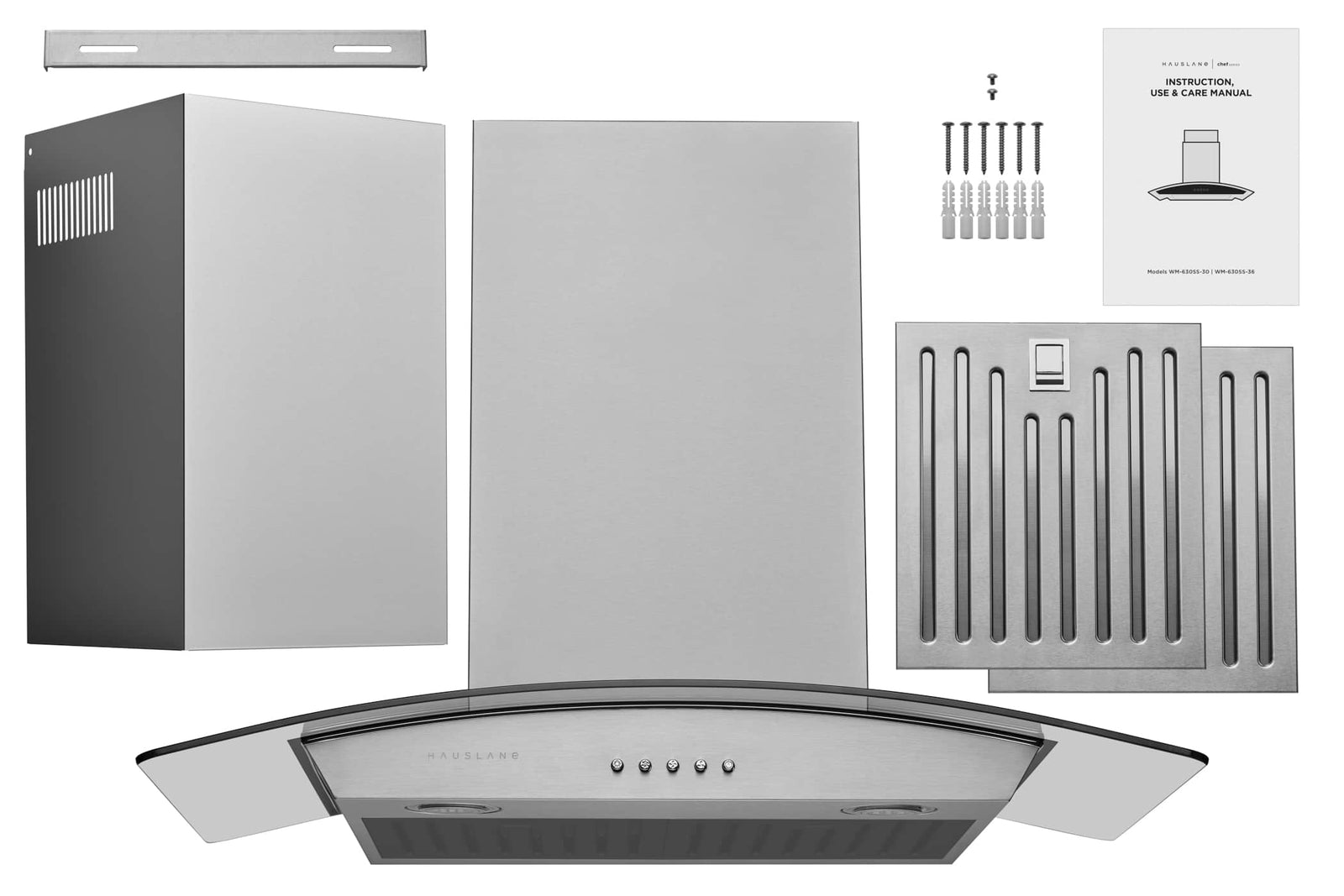 Hauslane 30-Inch Wall Mount Range Hood with Tempered Glass in Stainless Steel (WM-630SS-30)