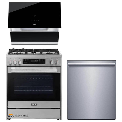 ROBAM 3-Piece Appliance Package - 30-Inch 5 Cu. Ft. Oven Freestanding Gas Range, Under Cabinet/Wall Mounted Range Hood and Dishwasher in Stainless Steel AP3-7GG10-A671