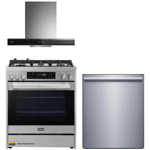 ROBAM 3-Piece Appliance Package - 30-Inch 5 Cu. Ft. Oven Freestanding Gas Range, Under Cabinet/Wall Mounted Range Hood and Dishwasher in Stainless Steel AP3-7GG10-A831