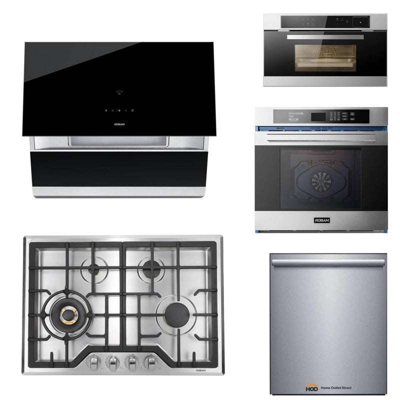 ROBAM 5-Piece Appliance Package - 30-Inch 4 Burners Gas Cooktop, Under Cabinet/Wall Mounted Range Hood, Dishwasher, Wall Oven, and Steam Combi Oven in Stainless Steel AP5-G413-A671