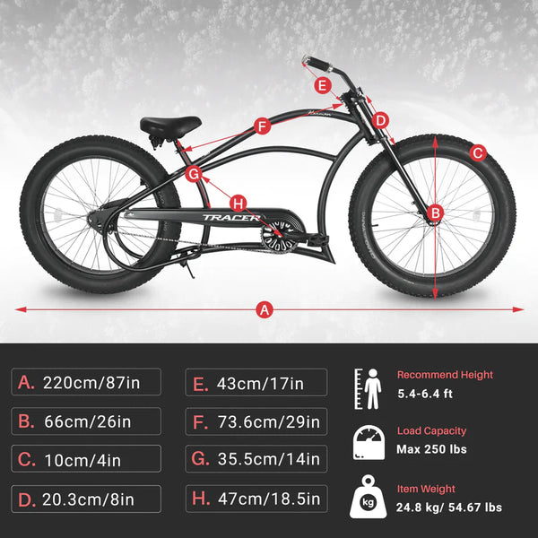 Tracer 26" Harman 1-Speed Classic Chopper Stretch Cruiser Fat Tire Bike MB-HARMAN-GT-BK/PLS