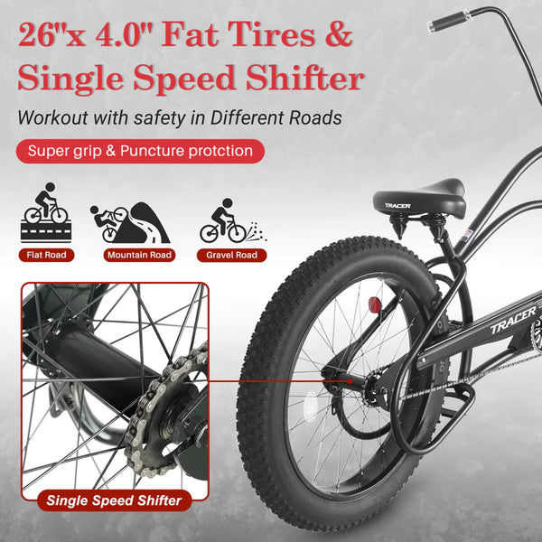 Tracer 26" Harman 1-Speed Classic Chopper Stretch Cruiser Fat Tire Bike MB-HARMAN-GT-BK/PLS