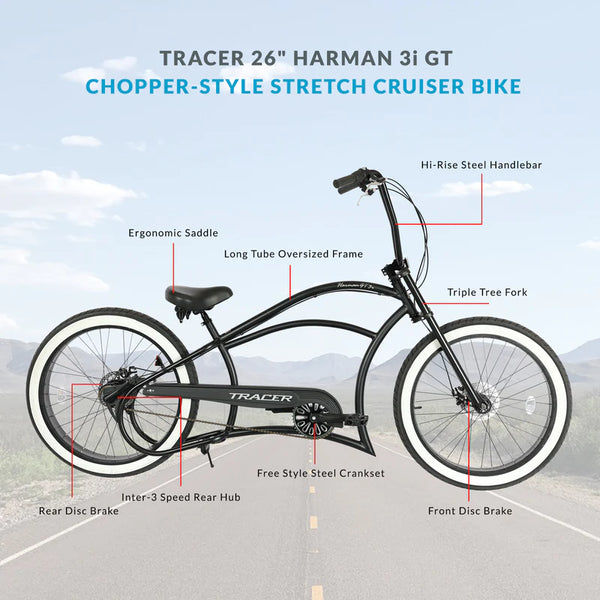 Tracer 26" Harman 3-Speed Vintage Chopper Stretch Fat Tire Bike MB-HARMAN-3I-GT-BK/PLS