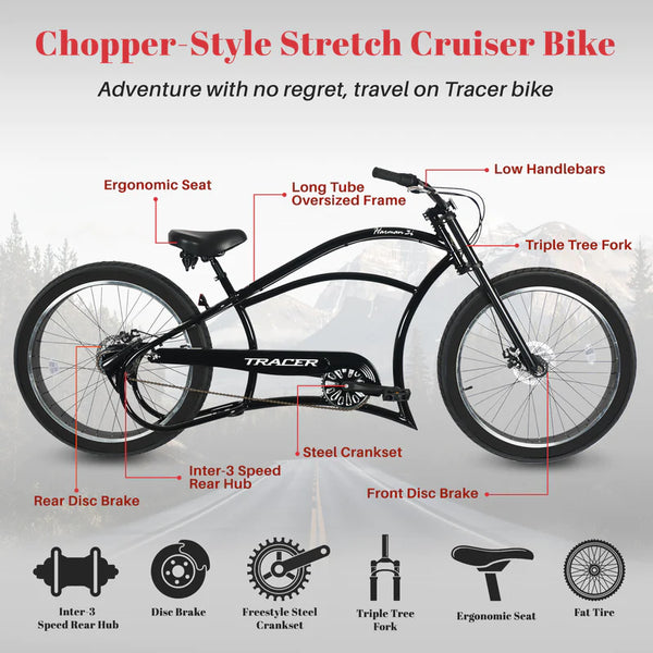 Tracer 26" Harman 3-Speed Vintage Chopper Stretch Fat Tire Bike MB-HARMAN-3I-GT-BK/PLS