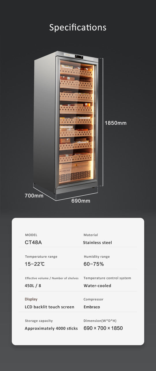 Raching CT48A Climate Control Silver Stainless Steel 4,000-Cigar Electric Humidor