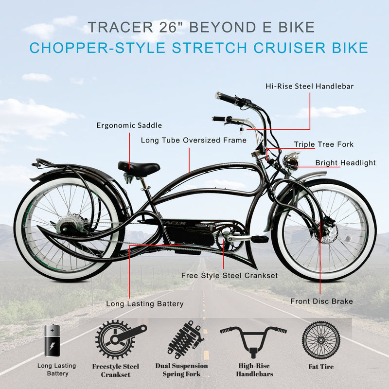 Tracer 800W Beyond Pro Stretch Classic Chopper Electric Bike MB-EB-BEYOND Pro-BK