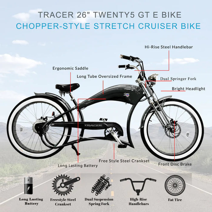 Tracer 500W 26" Twenty5 DS Cruiser Electric Bike  MB-EB-TWENTY5-DS-BL