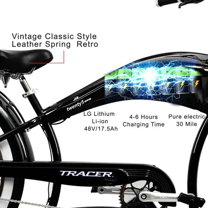 Tracer 500W 26" Twenty5 GTS Cruiser Electric Bike MB-EB-TWENTY5-GTS-BK/ PLS