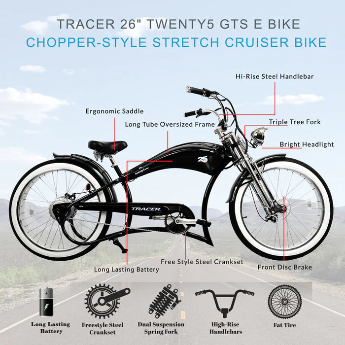 Tracer 500W 26" Twenty5 GTS Cruiser Electric Bike MB-EB-TWENTY5-GTS-BK/ PLS