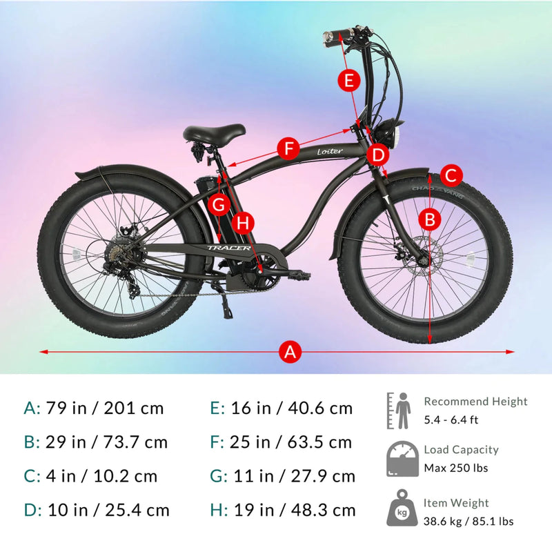 Tracer 800W 26" Loiter Cruiser Fat Tire Electric Bike MB-EB-LOITER-M-BK/BK