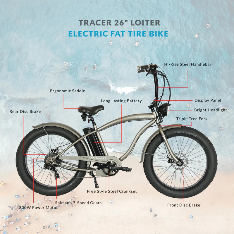 Tracer 800W 26" Loiter Cruiser Fat Tire Electric Bike MB-EB-LOITER-M-BK/BK