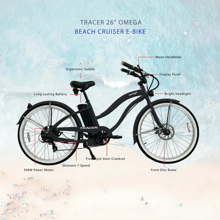 Tracer 500W 26" Omega Women's Beach Cruiser Electric Bike  MB-EB-OMEGA-F-BK/ BK