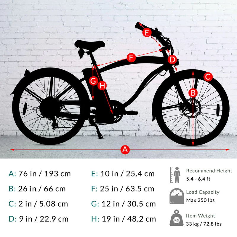 Tracer 500W 26" Omega Men's Beach Cruiser Electric Bike MB-EB-OMEGA-M-MBK/ BK