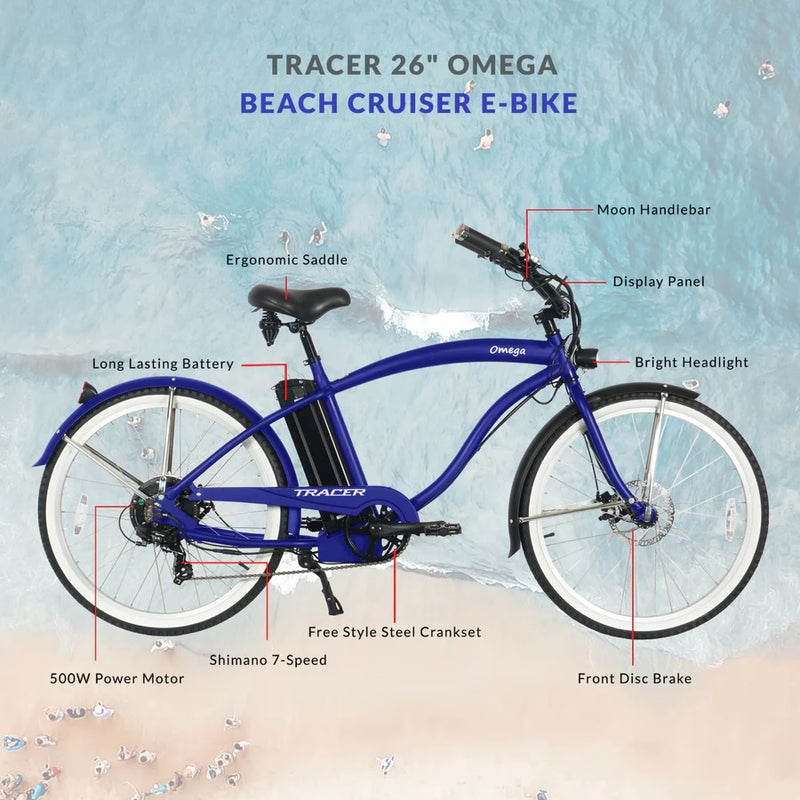 Tracer 500W 26" Omega Men's Beach Cruiser Electric Bike MB-EB-OMEGA-M-MBK/ BK