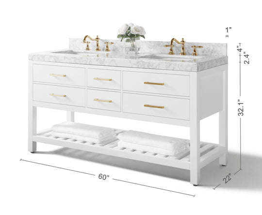 Ancerre Designs Elizabeth Bathroom Vanity With Sink And  Carrara White Marble Top Cabinet Set