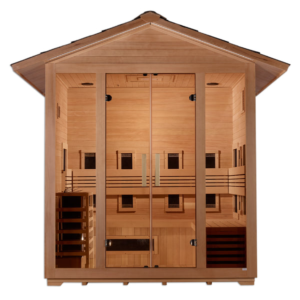 Golden Designs "Gargellen" 5 Person Hybrid (PureTech™ Full Spectrum IR or Traditional Stove) Outdoor Sauna - Canadian Hemlock