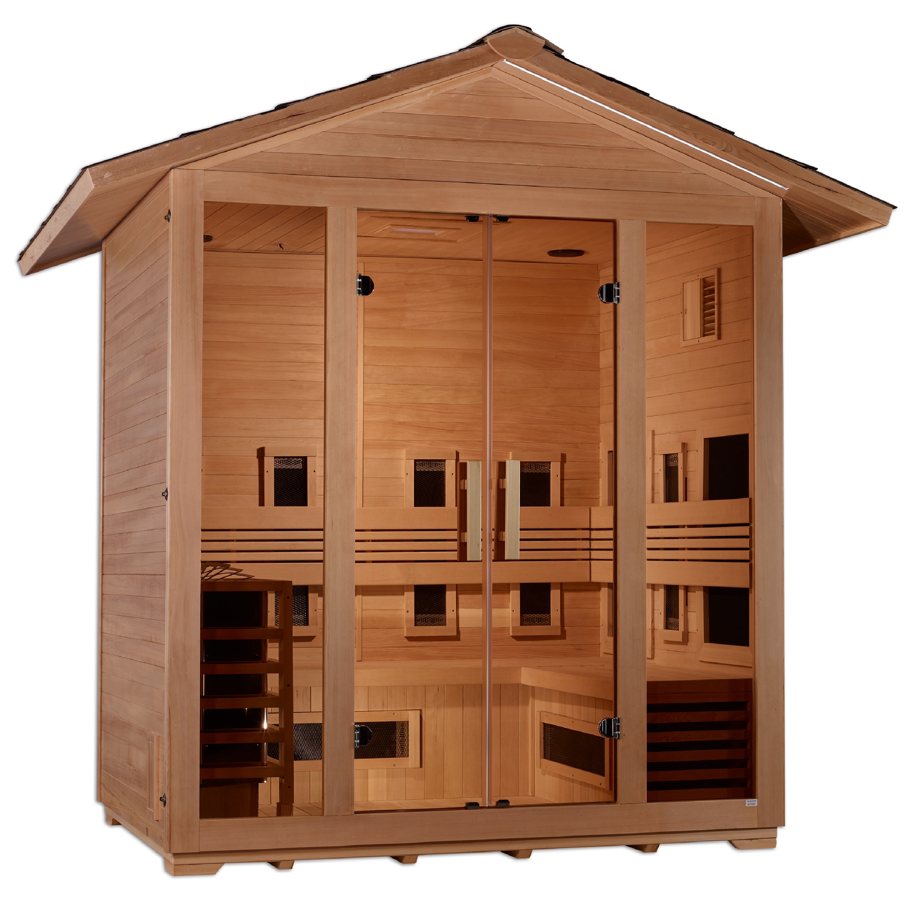 Golden Designs "Gargellen" 5 Person Hybrid (PureTech™ Full Spectrum IR or Traditional Stove) Outdoor Sauna - Canadian Hemlock