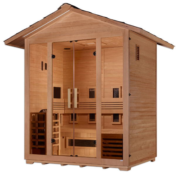 Golden Designs "Gargellen" 5 Person Hybrid (PureTech™ Full Spectrum IR or Traditional Stove) Outdoor Sauna - Canadian Hemlock