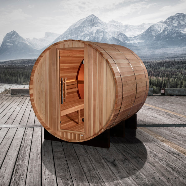 Golden Designs "Zurich" 4 Person Barrel with Bronze Privacy View - Traditional Sauna - Pacific Cedar GDI-B024-01