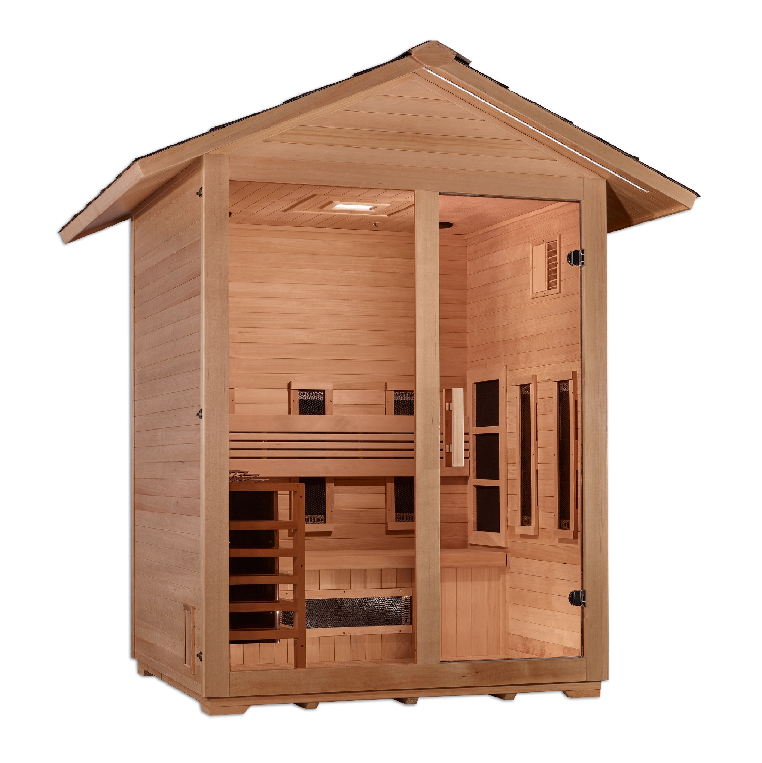 Golden Designs "Carinthia" 3 Person Hybrid (PureTech™ Full Spectrum IR or Traditional Stove) Outdoor Sauna - Canadian Hemlock