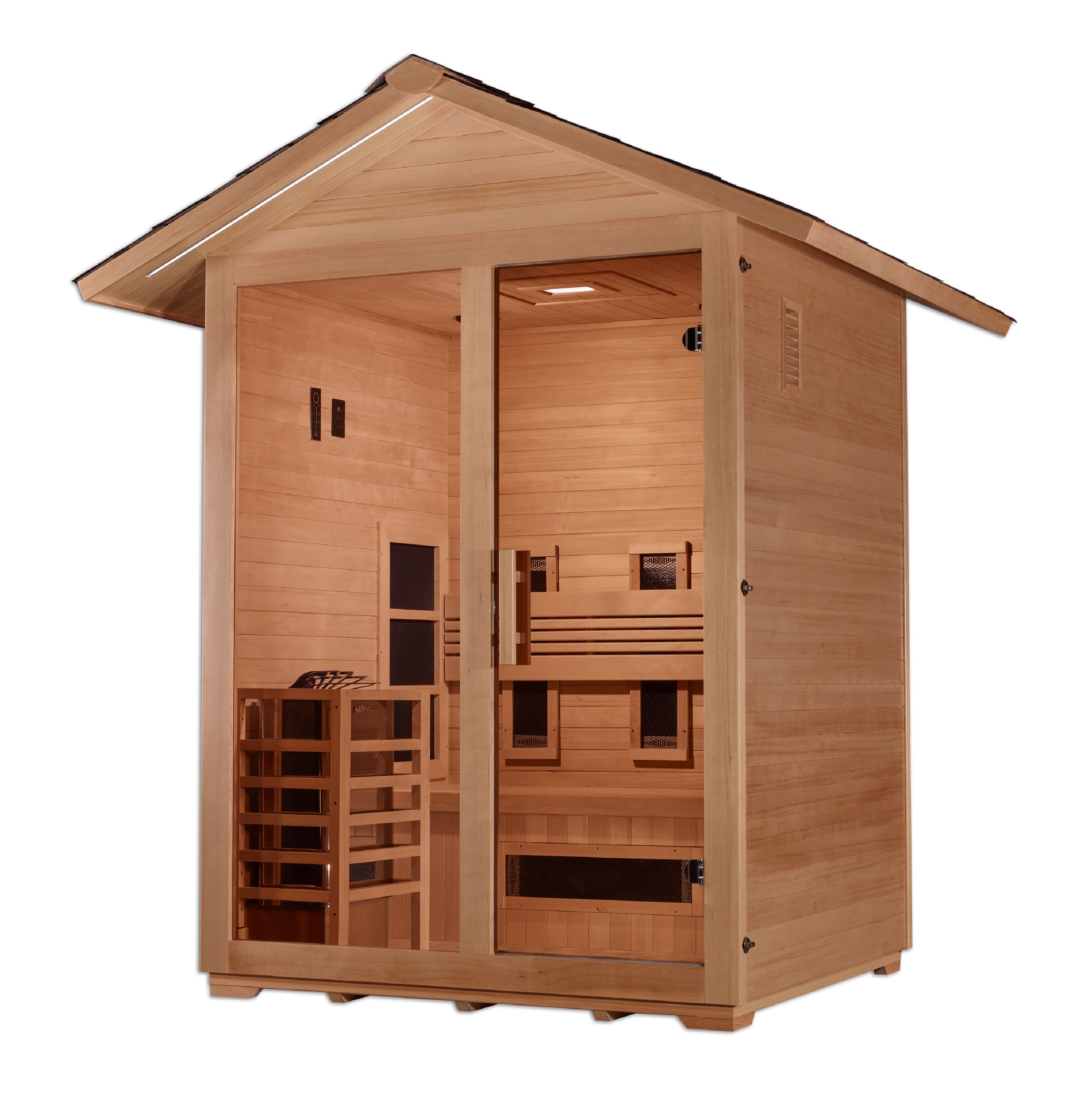 Golden Designs "Carinthia" 3 Person Hybrid (PureTech™ Full Spectrum IR or Traditional Stove) Outdoor Sauna - Canadian Hemlock