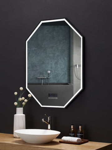 Ancerre Designs Otto Led Octagon Black Framed Lighted Bathroom Vanity Mirror With Bluetooth And Digital Dispaly