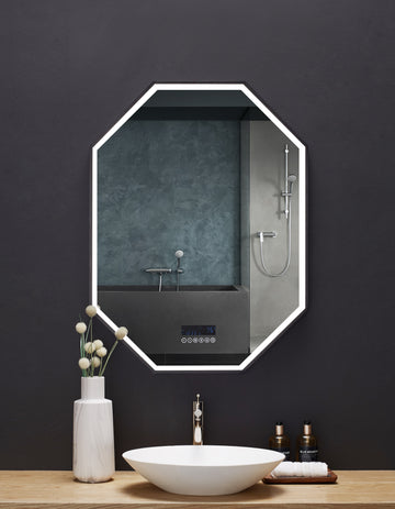 Ancerre Designs Otto Led Octagon Black Framed Lighted Bathroom Vanity Mirror With Bluetooth And Digital Dispaly