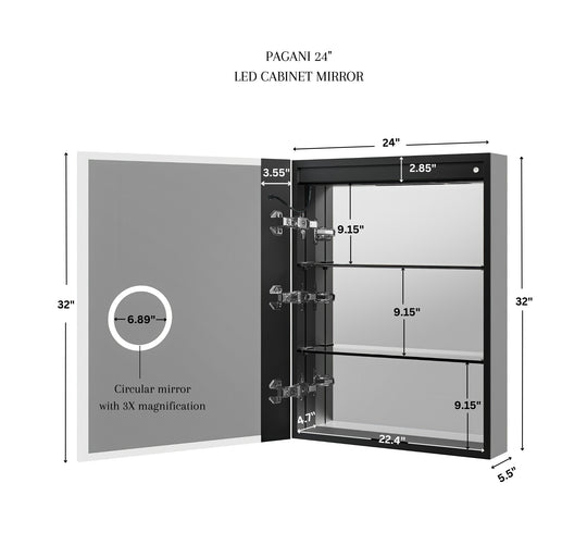 Ancerre Designs Pagani Led Mirror Cabinet With Defogger, Dimmer, Magnifier & Usb Outlet