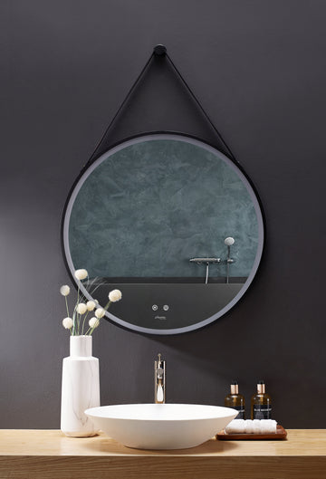 Ancerre Designs Sangle Round Led Mirror Black Framed Lighted Bathroom Vanity Mirror And Vegan Leather Strap