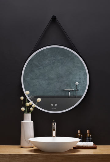 Ancerre Designs Sangle Round Led Mirror Black Framed Lighted Bathroom Vanity Mirror And Vegan Leather Strap