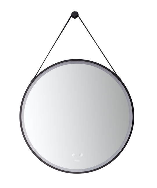 Ancerre Designs Sangle Round Led Mirror Black Framed Lighted Bathroom Vanity Mirror And Vegan Leather Strap