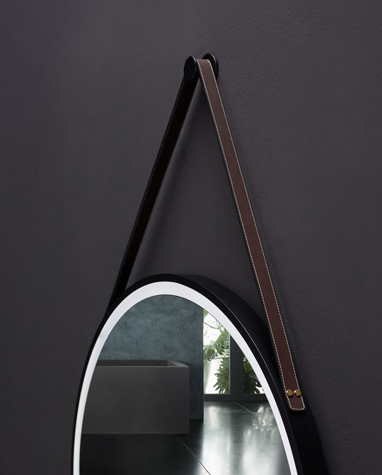 Ancerre Designs Sangle Round Led Mirror Black Framed Lighted Bathroom Vanity Mirror And Vegan Leather Strap