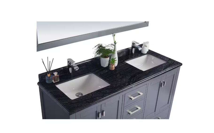 La Viva 60 in. W x 22 in. D Marble Vanity Top in Black Wood with White Rectangular Double Sink